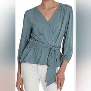 Lauren Ralph Lauren Faux Wrap Peplum Blouse- Sage Green